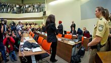 Defendant Beate Zschaepe stands in court on the first day of the NSU neo-Nazi murder trial on May 6, 2013 in Munich, Germany.
