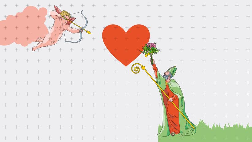 Valentin und Amor: Amor zielt mit seinem Pfeil mitten ins Herz. Und Valentin?