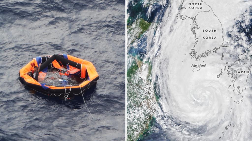 "Gulf Livestock 1": Maysak, einer der weltweit verheerendsten Wirbelstürme des Jahres 2020, auf einem Satellitenbild der Nasa (rechts). Eine Aufnahme aus einem Flugzeug zeigt einen der beiden Überlebenden der "Gulf Livestock 1" (links).