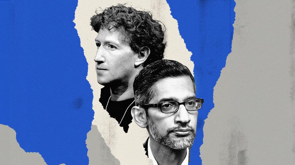  Mark Zuckerberg (Meta, links) und Sundar Pichai (Google) droht die Zerschlagung ihrer Unternehmen.