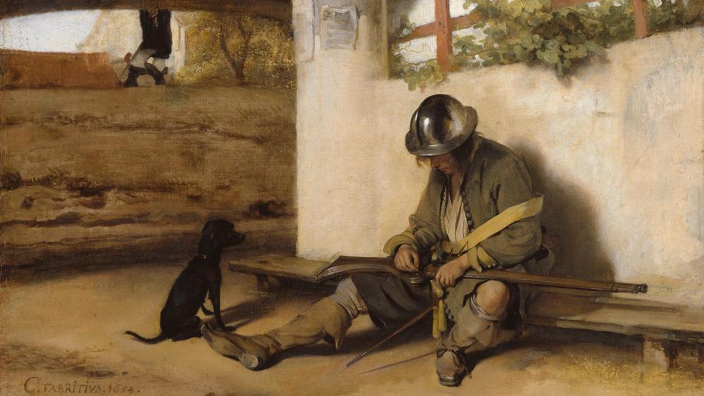  Was sieht der Hund, was wir nicht sehen? Und was ist das da für eine Säule? "Die Torwache" von Carel Fabritius, 1654