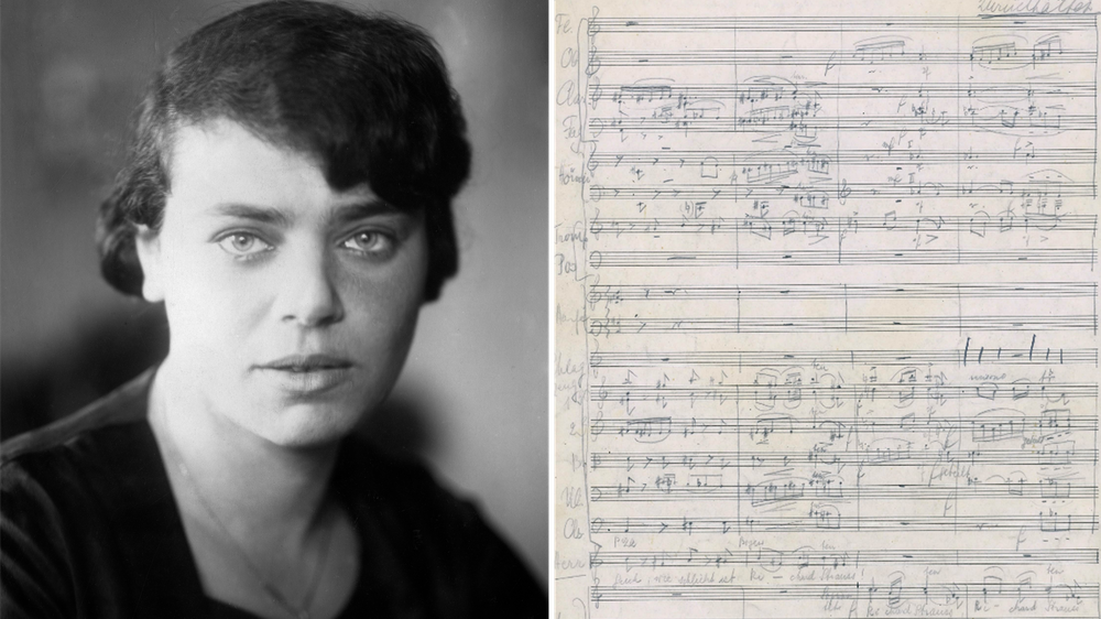 Julia Kerr: Die Komponistin Julia Kerr im Jahr 1930 – und eine Seite aus der Partitur ihrer Oper "Der Chronoplan", an der sie damals arbeitete.