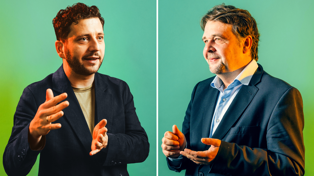 Nachhaltigkeit in der Wirtschaftspolitik: Felix Banszak (links) diskutiert mit Dennis Radtke (rechts).