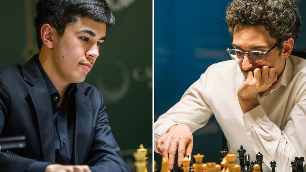 Schach-Kandidatenturnier auf Zypern: Javokhir Sindarov (Usbekistan, links) gegen Fabiano Caruana (USA)