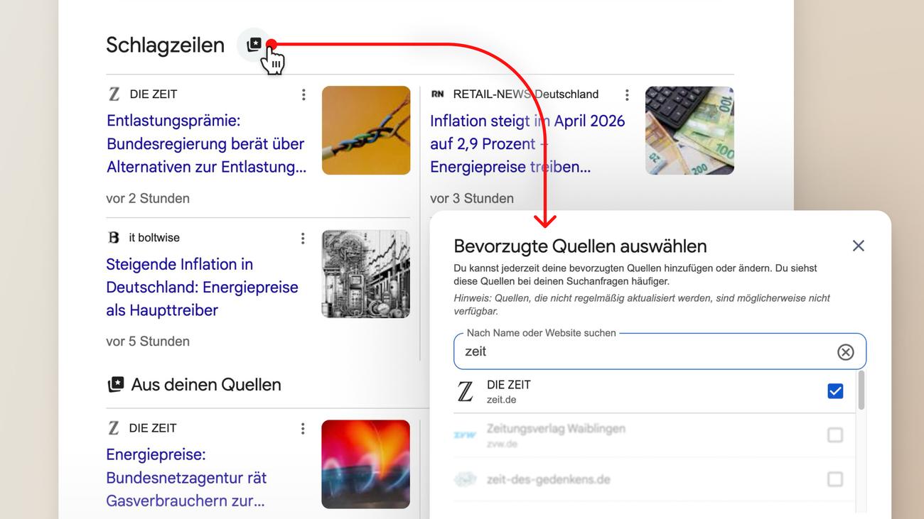 »Bevorzugte Quellen« bei Google: So machen Sie die ZEIT zu Ihrer bevorzugten Quelle bei Google