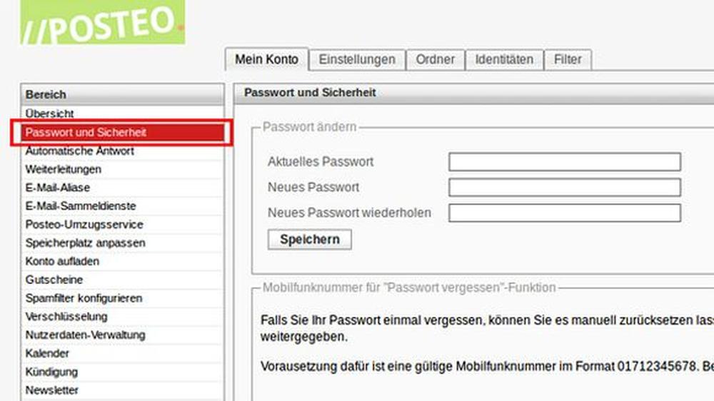 Um die Zwei-Faktor-Authentifizierung von Posteo zu aktivieren, müssen Sie nach dem Einloggen unter „Einstellungen“ auf „Passwort und Sicherheit“ klicken.