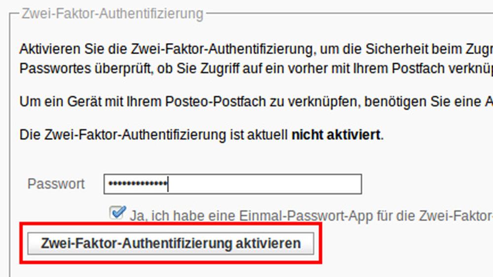 Anschließend geben Sie ihr Passwort ein. Setzen Sie das Häkchen und aktivieren Sie die Zwei-Faktor-Authentifizierung. Auf dem folgenden Bildschirm erscheint ein QR-Code. Dafür müssen Sie die App FreeOTP auf ihrem Smartphone installieren.