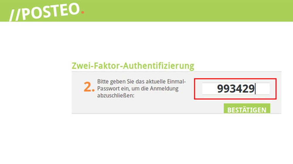 Dann fordert Sie Posteo auf, den zweiten Faktor einzugeben.