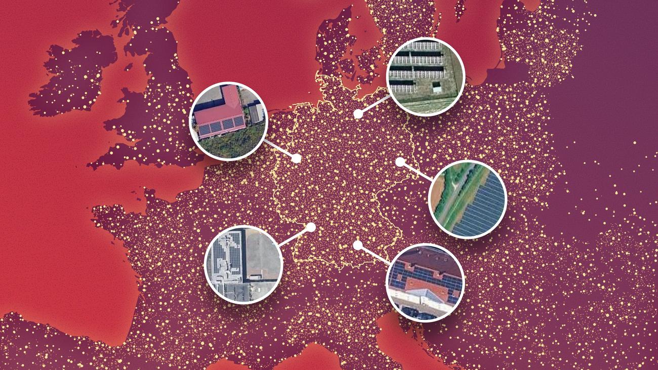 ZEIT graphic: map of Europe dotted with networked solar installations, with aerial close-ups of individual plants