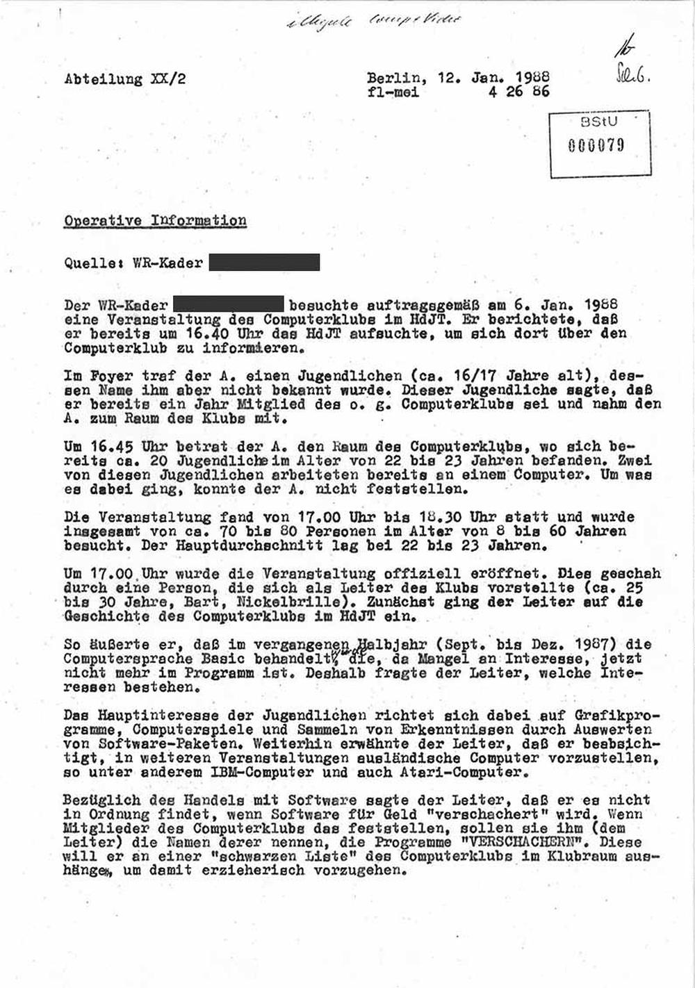 Videospiele in der DDR: "Um 16.45 Uhr betrat der A. den Raum des Computerklubs": Ausriss aus einem der IM-Berichte zum HdjT