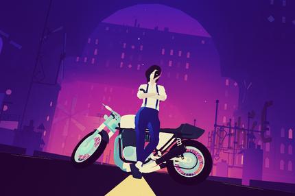 Grafik einer Person, die seitlich an einem Motorrad lehnt. Im Hintergrund eine pink beleutete Straßenansicht. 