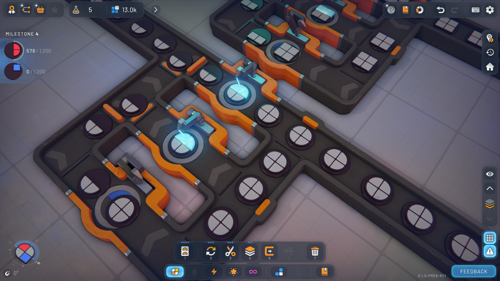 »Shapez 2«: Erst mal Kreise vierteln: Fabrikanlage in »Shapez 2«.