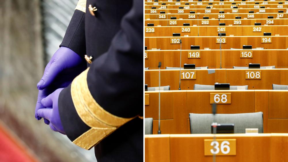 Auswirkungen der Pandemie: Saaldiener im Parlament in Madrid, Europaparlament in Brüssel