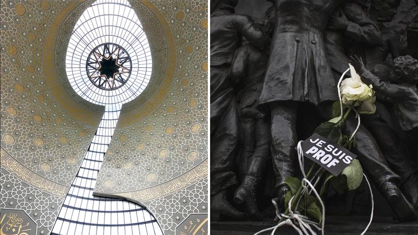 Mord an Samuel Paty: Links: Die Kuppel der Zentralmoschee des türkisch-islamischen Verbandes Ditib in Köln-Ehrenfeld. Rechts: Blumen am Pariser Place de la République erinnern an den ermordeten Lehrer Samuel Paty.