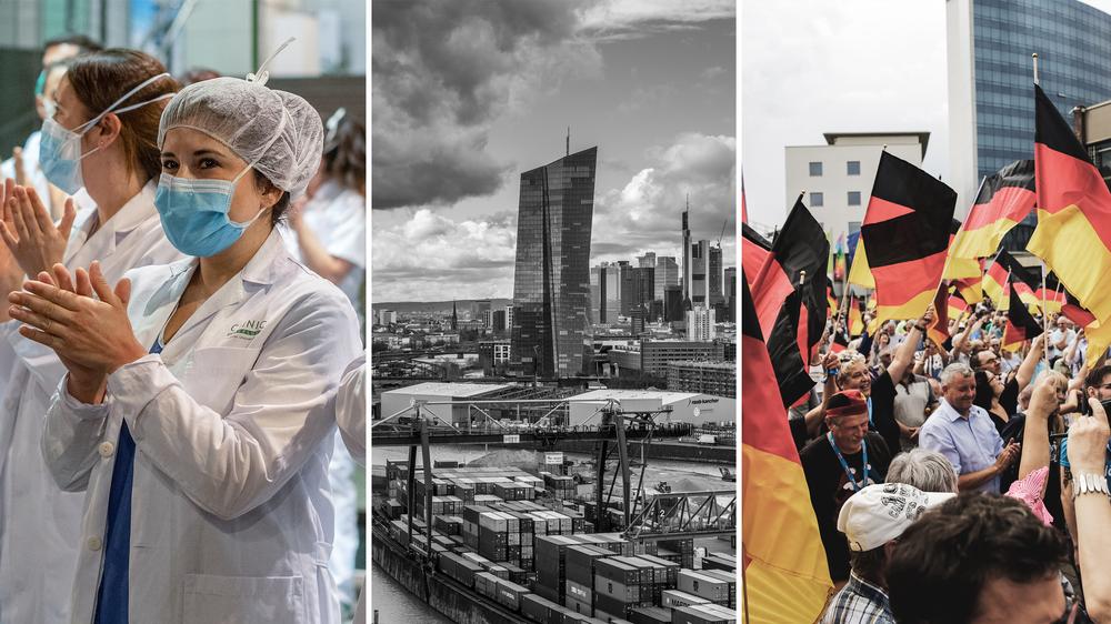 Wilhelm Heitmeyer: links: Medizinisches Pflegepersonal in Barcelona // Mitte: Das Hauptquartier der Europäischen Zentralbank in Frankfurt (Main) // rechts: Eine AfD-Wahlkampfveranstaltung in Cottbus, 2019