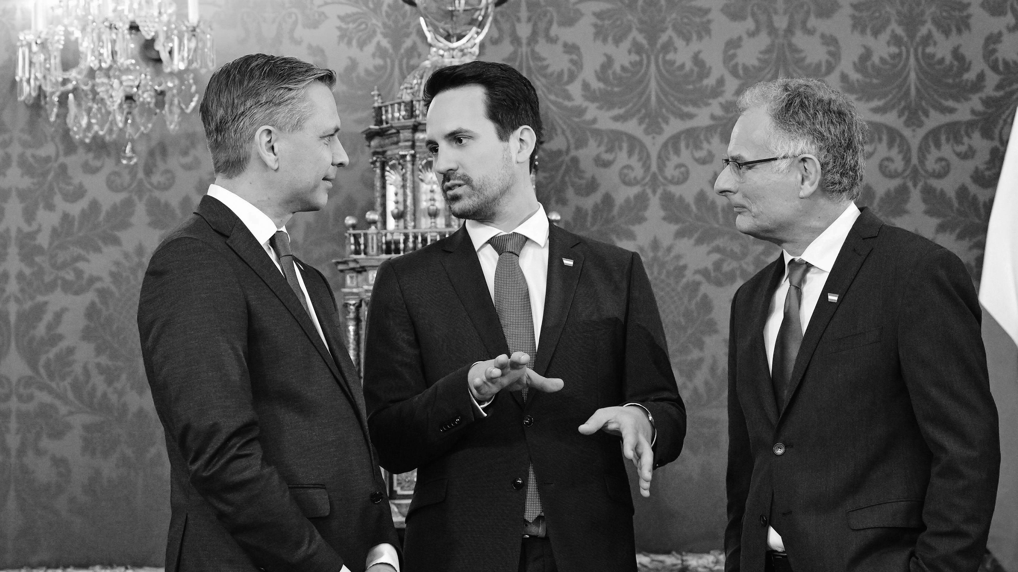 Regierungsbildung: v.l.n.r.: Wolfgang Hattmannsdorfer (Wirtschaft, ÖVP), Christoph Wiederkehr (Bildung, Neos) und Markus Marterbauer (Finanzen, SPÖ) bei der Angelobung der neuen österreichischen Regierung