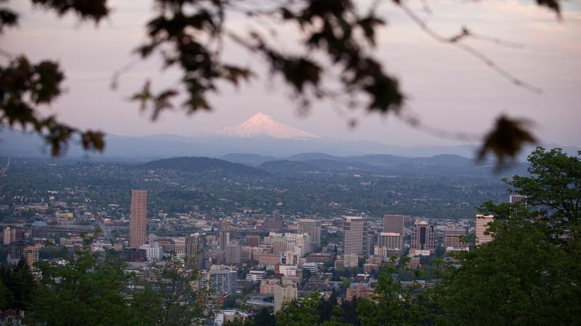 Portland, sehr grün. Am Horizont der ewig schneebedeckte Mount Hood.