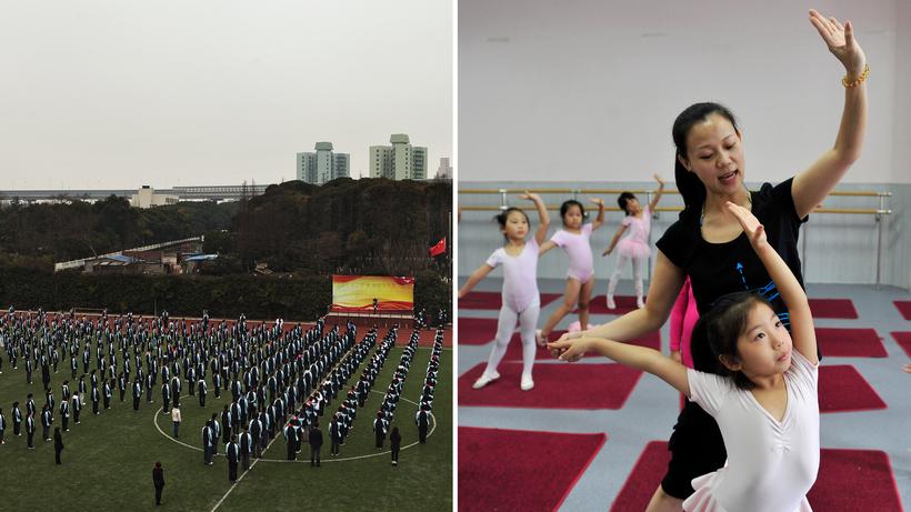 Bildung in China: Der Staat fordert, die Eltern fördern: Fahnenappell an einer Schule in Shanghai (links) und eine Tanzklasse in Shenyang, die schon Fünf- und Sechsjährige an Wochenenden besuchen (rechts)