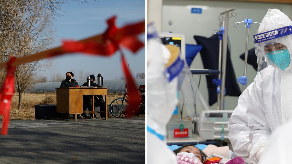 Coronavirus: Kontrolle und Krankheit in Zeiten des Coronavirus: Ein Posten in einem Außenbezirk Bejings soll absichern, dass keine Unbefugten hineinkommen (links); im Zentralkrankenhaus von Wuhan kümmert sich medizinisches Personal um eine Kranke (rechts) – das Foto hat das Krankenhaus am 25. Januar auf Weibo hochgeladen. 