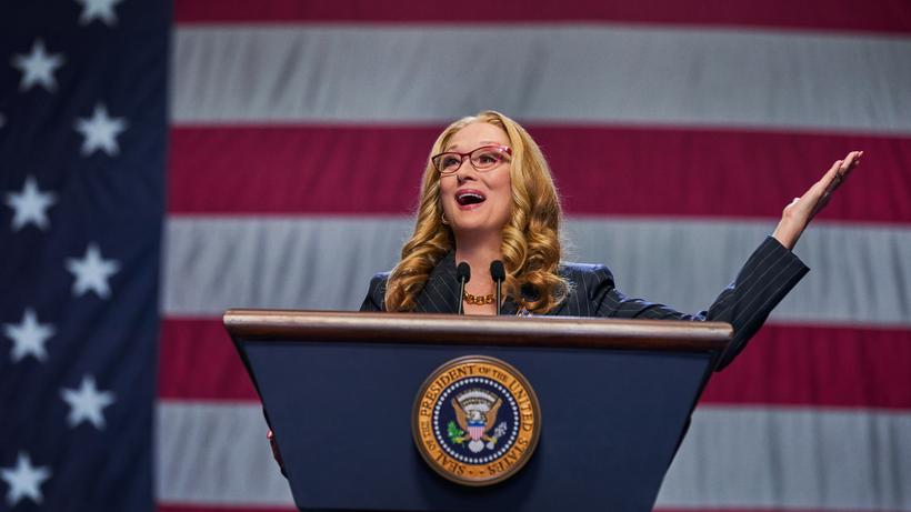 "Don’t Look Up": Was man als Präsidentin (Merly Streep) so tut angesichts der Krise: optimistische Reden schwingen, jedenfalls in "Don't Look Up!"