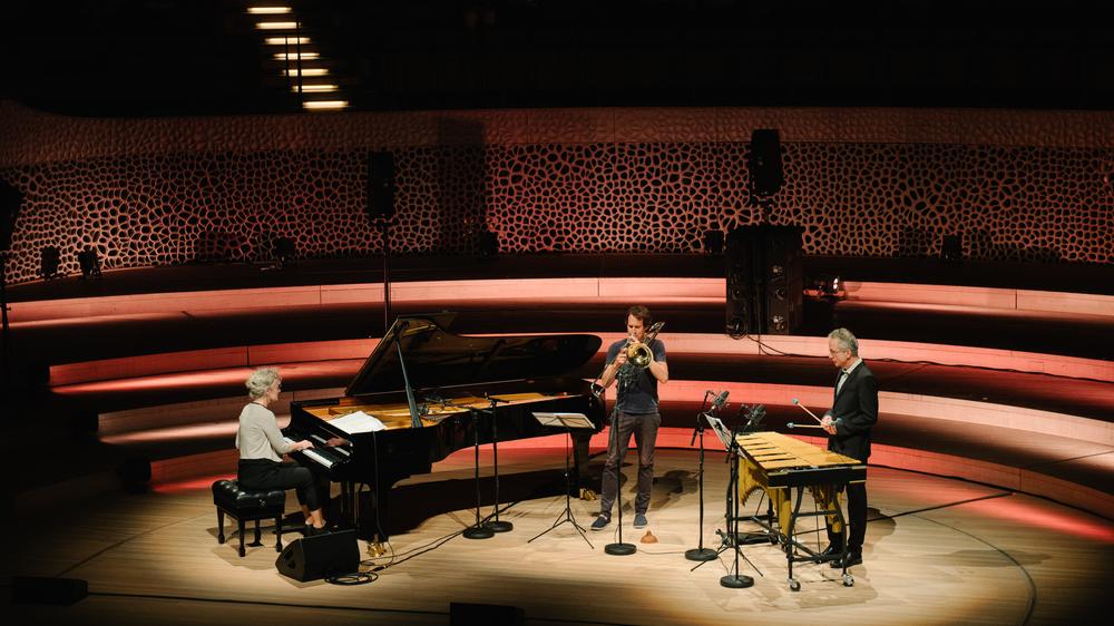 Elbphilharmonie: Julia Hülsmann, Nils Wogram und Christopher Dell (von links) spielten in der vorsichtshalber je nur zu einem Drittel gefüllten Elbphilharmonie zwei Sets.
