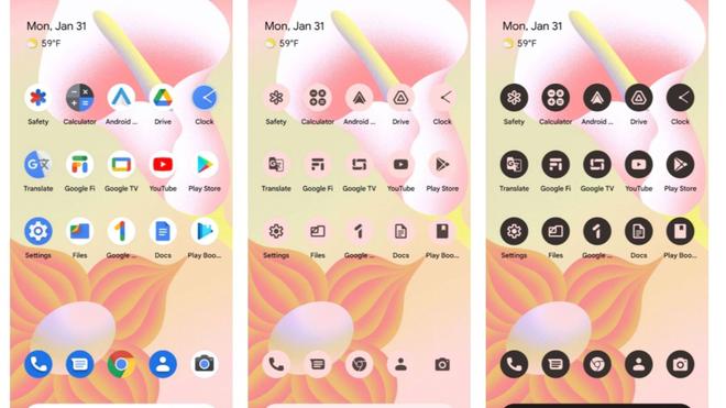 Entwicklerversion ist da: Weniger kunterbunt: Auf Basis eines Farbtons des Hintergrundbildes können künftig alle App-Icons monochrom dargestellt werden. Diese Schlichtheit gehört zur neuen Android-Designsprache Material You.