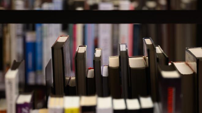 Autorenvereinigung: Bücher stehen in einer Bibliothek in Regalen.