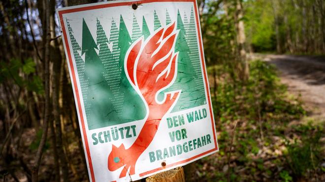 Feuerwehreinsatz: In einem Waldstück hängt ein Schild mit der Aufschrift „Schützen Sie den Wald vor Brandgefahr“.