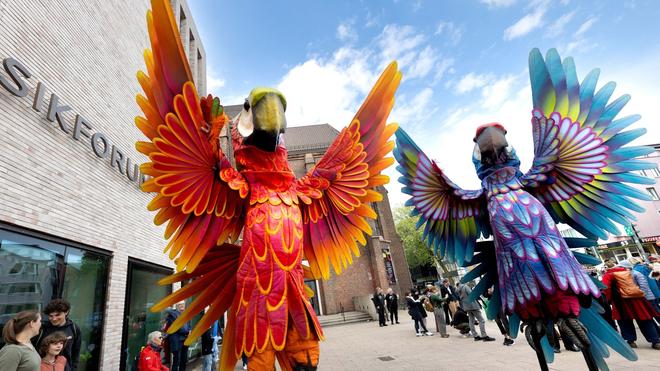 Fotografie: Zwei Papagei-Statuen stehen für die Eröffnungsparade des Figurentheaterfestivals Fidena in Bochum auf der Straße. Mit übergroßen Insekten und seltsamen Lebewesen wurde ein Statement gegen das Artensterben gesetzt.