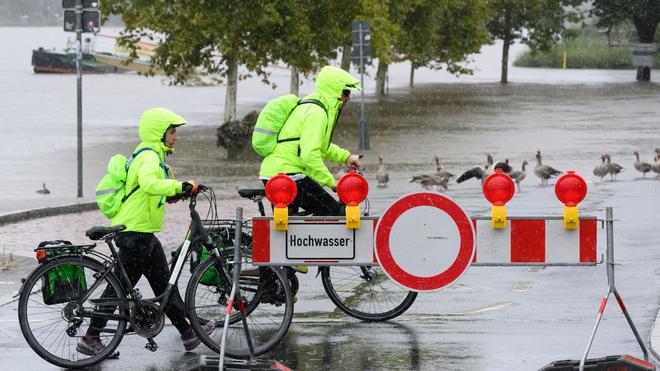 Elbhochwasser: Radfahrer auf einem Parkplatz an der Elbe in Pirna am Tor zur Sächsischen Schweiz. (Foto vom 15. September)