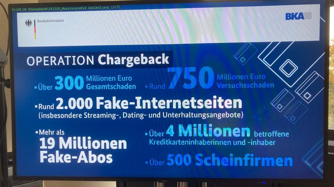  Informationen zu "Operation Chargeback" sind im Rahmen einer Pressekonferenz beim BKA auf einem Bildschirm zu sehen.