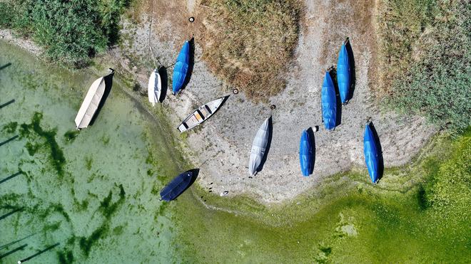 Fotografie: Der Bodensee von oben: Auf der Insel Reichenau liegen die Boote der Berufsfischer an Land.