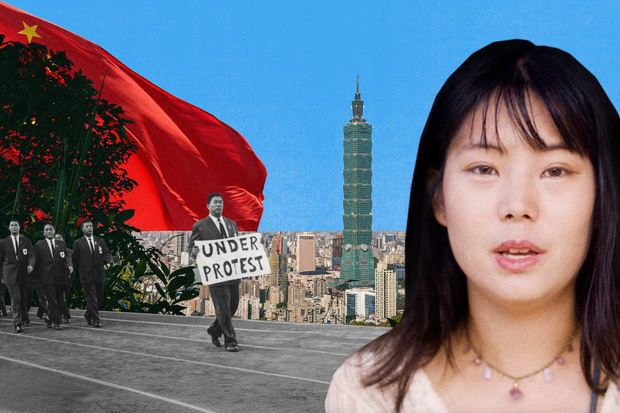 Eine junge Taiwanerin vor einem gestalteten Hintergrund mit der Stadtansicht von Taipeh und dem protestierenden Taiwan-Olympiateam