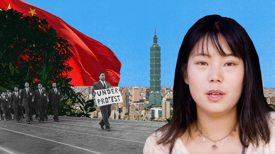 Eine junge Taiwanerin vor einem gestalteten Hintergrund mit der Stadtansicht von Taipeh und dem protestierenden Taiwan-Olympiateam
