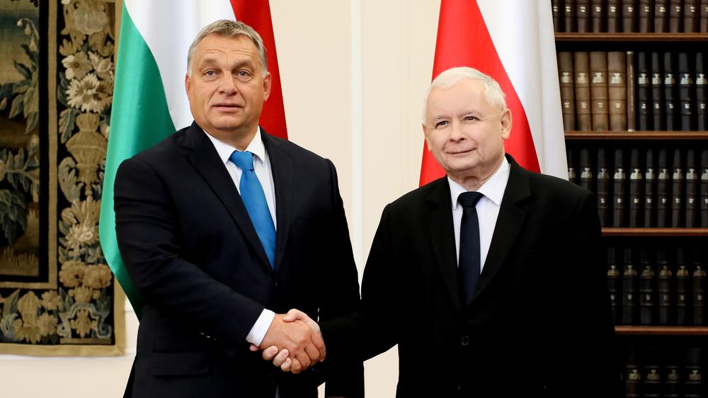 Coronavirus in Osteuropa: Sind keine Demokratiefreunde: Ungarns Ministerpräsident Viktor Orbán (links) und Jarosław Kaczyński (rechts), Vorsitzender der polnischen Partei Recht und Gerechtigkeit (PiS) 2017 in Warschau