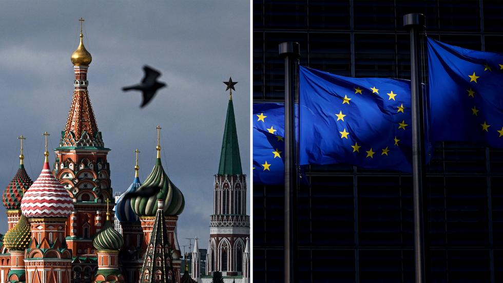 Russische Invasion: Der Kreml (links) und die Europafahnen vor der EU-Kommission in Brüssel