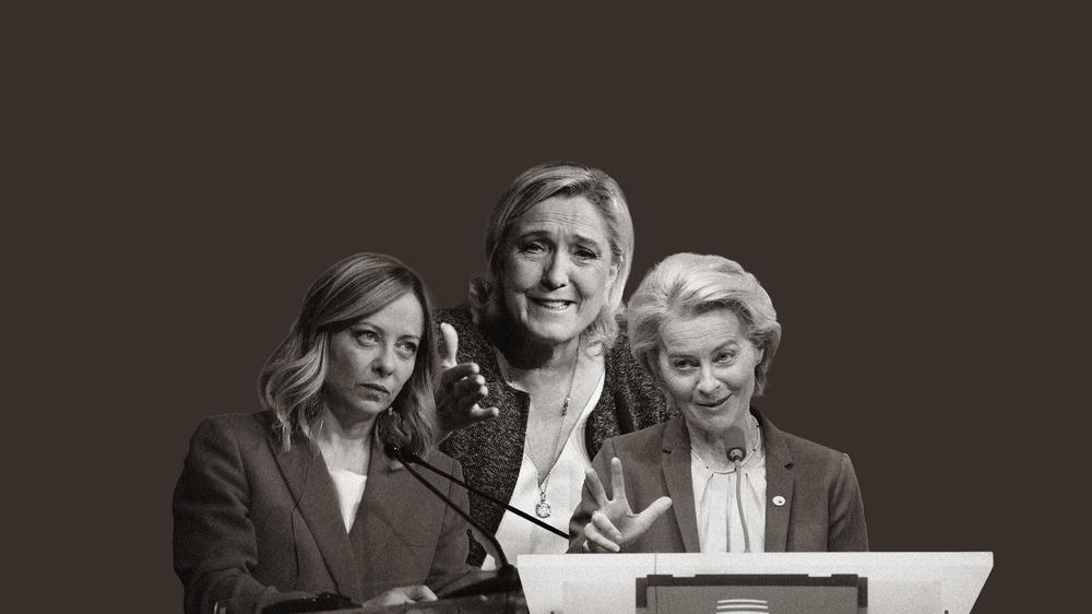 Rechtsruck bei der Europawahl: Zwei Rechtspopulisten und eine Konservative: Giorgia Meloni (links), Marine Le Pen und EU-Kommissionspräsidentin Ursula von der Leyen (rechts)