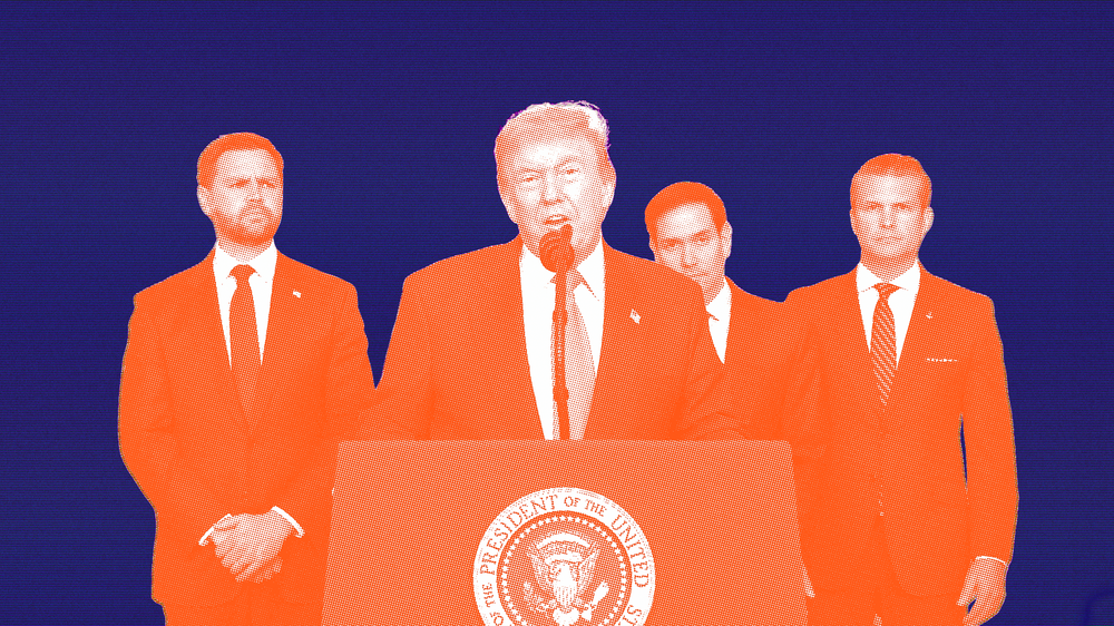  Trump bei seiner Rede an die Nation in der Nacht zu Sonntag, flankiert von Vizepräsident JD Vance, Außenminister Marco Rubio und Verteidigungsminister Pete Hegseth.