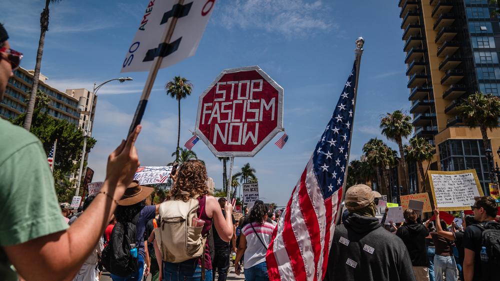  Teilnehmerinnen und Teilnehmer des "No Kings"-Protests in San Diego am 14. Juni.