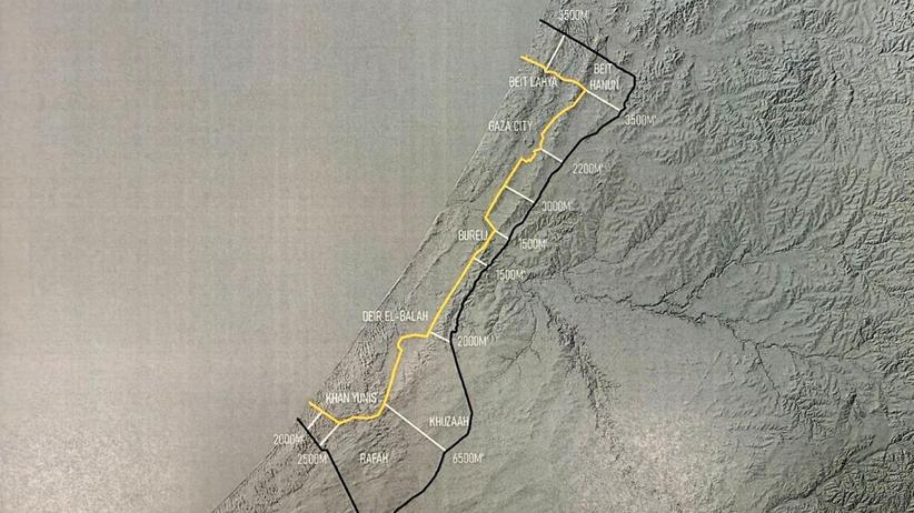 Gaza-Krieg: US-Präsident Donald Trump hat auf seinem Onlinedienst Truth Social eine Karte veröffentlicht, auf der die erste Rückzugslinie für die israelische Armee gelb eingezeichnet ist.