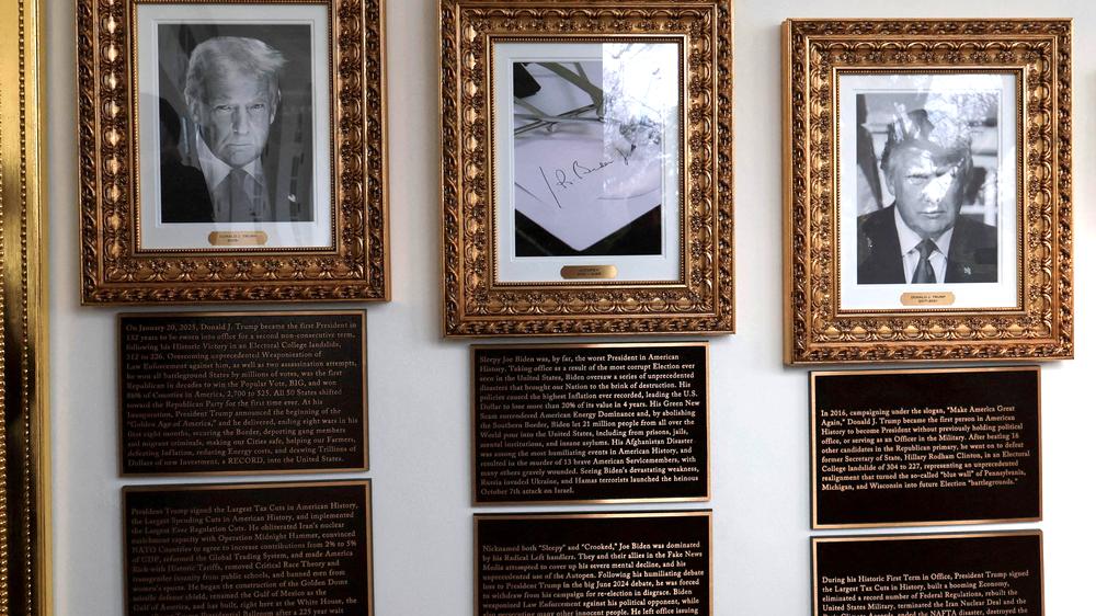  Statt eines Porträts von Joe Biden hängt in der Porträtgalerie bisheriger US-Präsidenten am Weißen Haus nur das Bild einer mechanischen Signierhilfe.