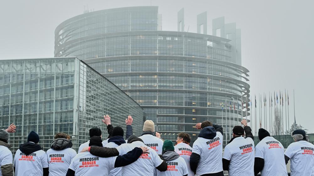  Landwirte protestieren vor dem EU-Parlament gegen das EU-Mercusor-Abkommen.