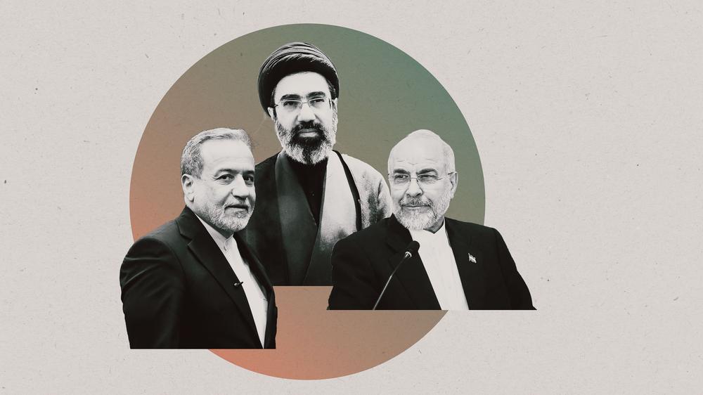 Führung im Iran: Machtkampf im Iran: Außenminister Abbas Araghtschi, oberster Führer Modschtaba Chamenei und Parlamentspräsident Mohammad Bagher Ghalibaf (von links)