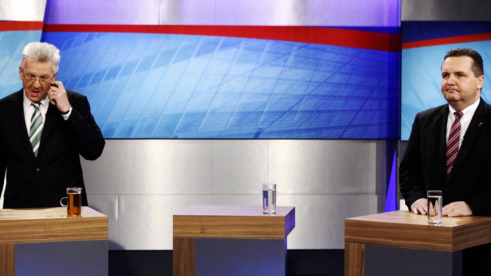 SWR: Winfried Kretschmann (Grüne) und Stefan Mappus (CDU) beim TV-Duell in Baden-Württtemberg vor der Wahl 2011
