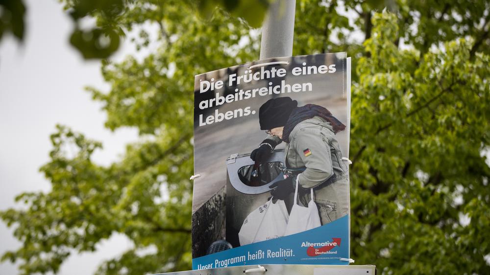AfD: Der Wahlkampf mit sozialen Themen fruchtet nicht recht: AfD-Plakat in Nordrhein-Westfalen