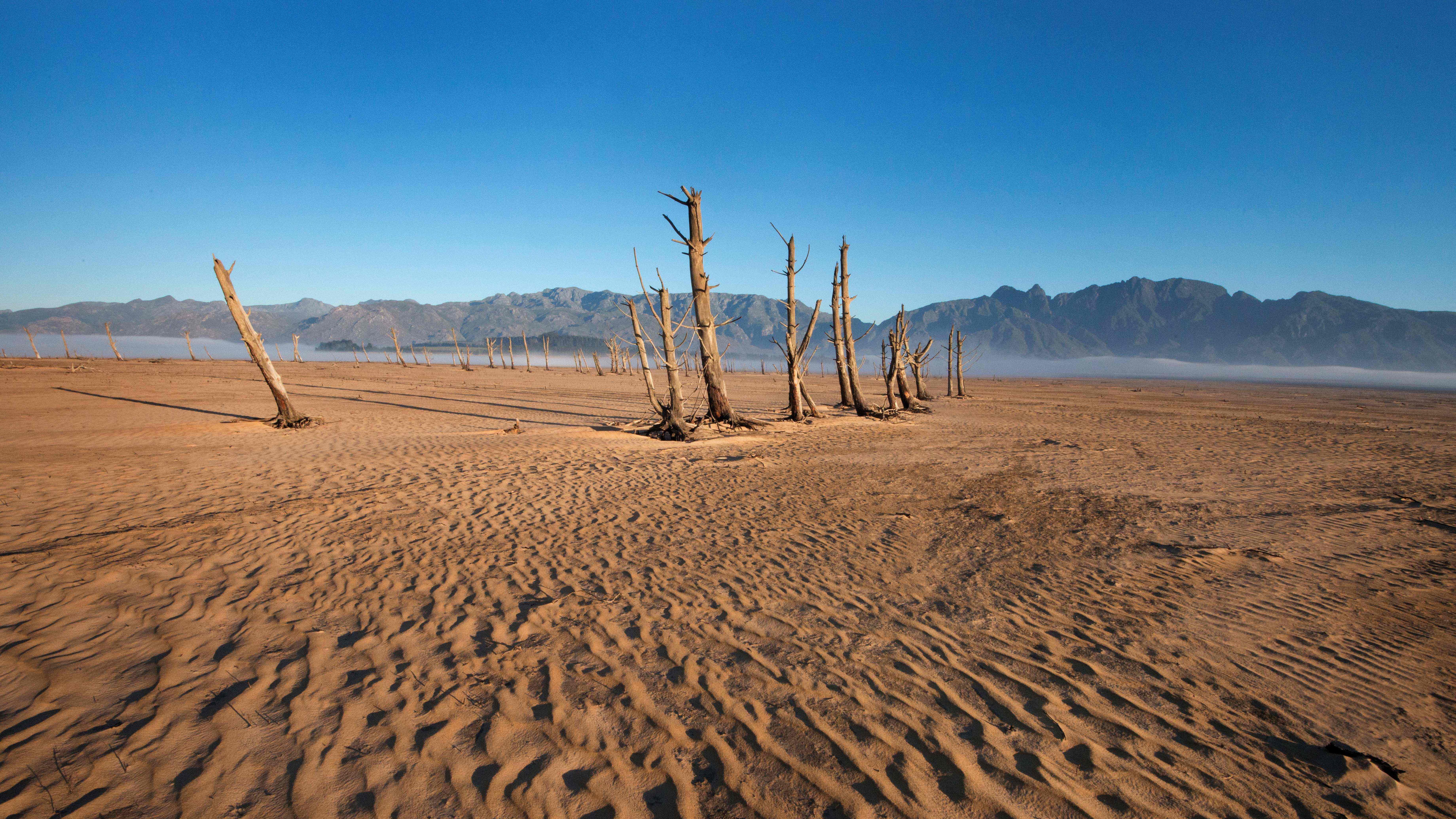 Unesco: Sand und vertrocknete Baumstümpfe am Theewaterskloof-Damm in der Nähe von Kapstadt in Südafrika. Das Wasserreservoir hatte im Mai 2017 nur 20 Prozent seiner Wasserkapazität.