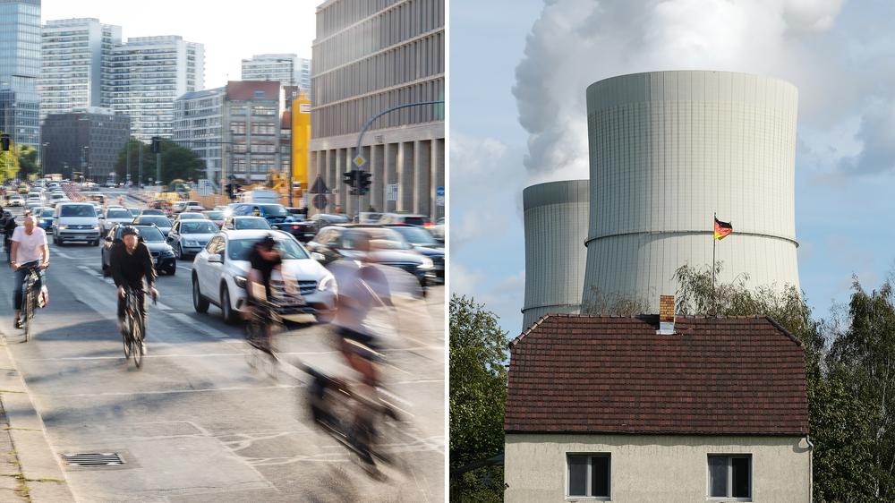 Klimaschutz: Links: Strassenverkehr auf der Gertraudenstrasse in Berlin-Mitte. Rechts: Wohnhaus vor den Kühltürmen des Kohlekraftwerks Schwarze Pumpe.