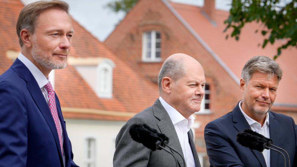 Bertelsmann Stiftung: Finanzminister Christian Lindner, Bundeskanzler Olaf Scholz und Wirtschafts- und Klimaminister Robert Habeck am 30. August 2023