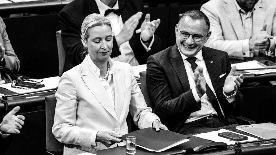 AfD-Benimmregeln: Applaus aus den eigenen Reihen. Die AFD im neuen Wortgewand.

The co-leader of the far-right Alternative for Germany (AfD) party Tino Chrupalla applauds after co-leader of the far-right Alternative for Germany (AfD) party Alice Weidel (L) gave her speech during a general debate on the budget of the Chancellery at the Bundestag, the lower house of parliament, in Berlin, on July 9, 2025. (Photo by Odd ANDERSEN / AFP) (Photo by ODD ANDERSEN/AFP via Getty Images)