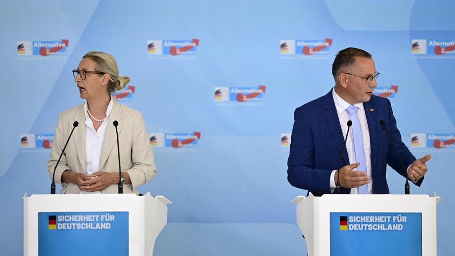 Bundestag: TOPSHOT - Co-leaders of the far-right Alternative for Germany (AfD) party Tino Chrupalla (R) and Alice Weidel deliver a statement after a meeting of the AfD parliamentary group in Berlin on July 5, 2025. (Photo by John MACDOUGALL / AFP) (Photo by JOHN MACDOUGALL/AFP via Getty Images)
